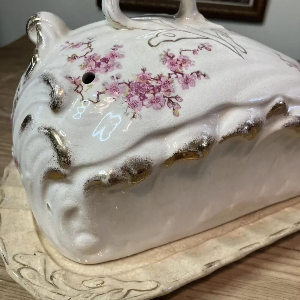 Antique Porcelain Butter Cheese Keeper W/ Lid Pink Flowers Cherry Blossom Gold